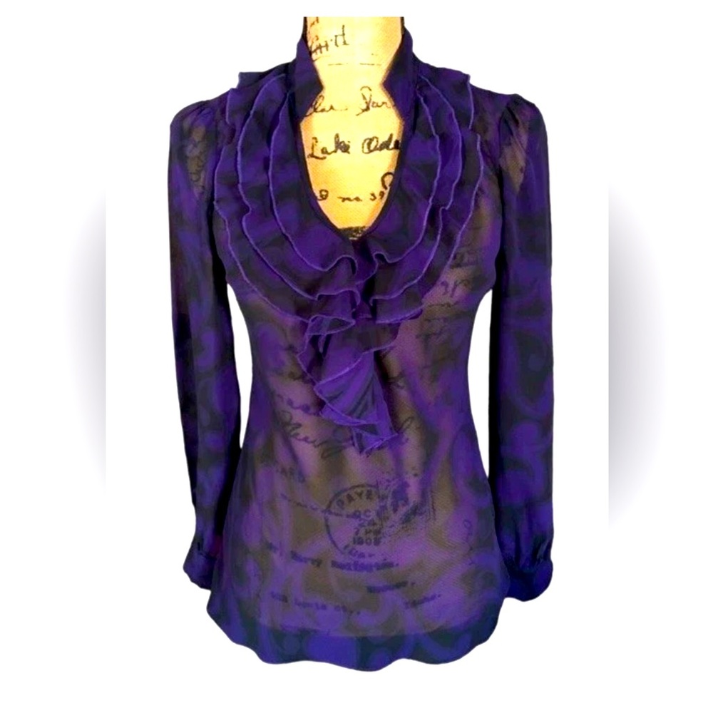 New York&Co Ruffle Collar Blouse Semi Sheer Chiffon Purple Black Baroque Print 4